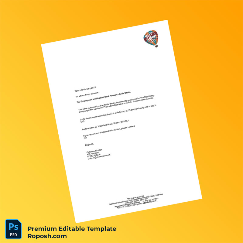 Customizable United Kingdom The Real Wrap Company Employment Verification Letter Word & PDF Template Customizable United Kingdom The Real Wrap Company Employment Verification Letter Word & PDF Template