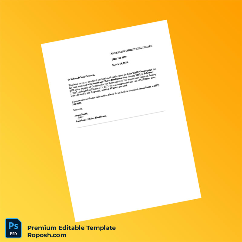 Customizable United States Americans Choice Healthcare Employment Verification Letter Word & PDF Template Customizable United States Americans Choice Healthcare Employment Verification Letter Word & PDF Template