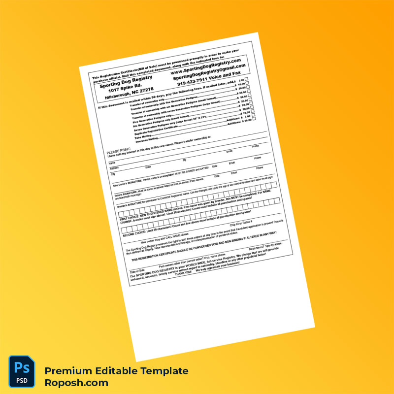 Customizable United States Sporting Dog Registry Registration Certificate Editable Word & PDF Template Customizable United States Sporting Dog Registry Registration Certificate Editable Word & PDF Template