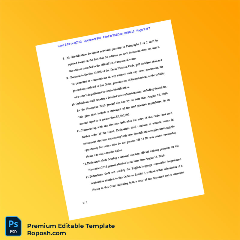 Customizable United States Texas Voter ID Order Editable Word & PDF Template 7 page Customizable United States Texas Voter ID Order Editable Word & PDF Template 7 page
