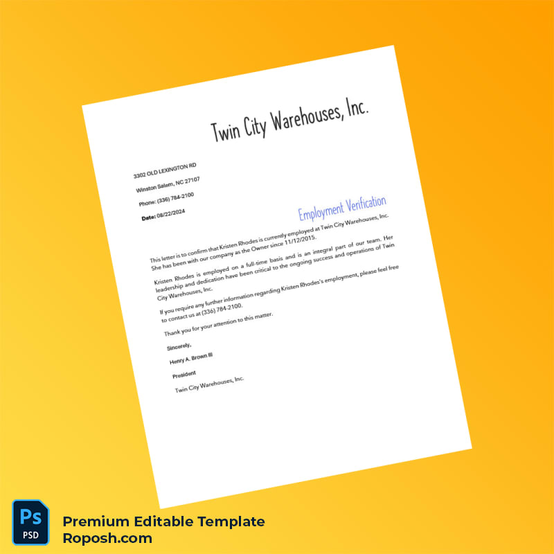 Customizable United States Twin City Warehouses Inc Employment Verification Letter Word & PDF Template Customizable United States Twin City Warehouses Inc Employment Verification Letter Word & PDF Template