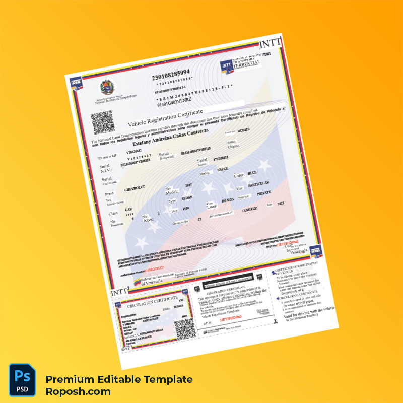 Customizable Vehicle Registration Certificate Editable Word & PDF Template 2 page Customizable Vehicle Registration Certificate Editable Word & PDF Template 2 page