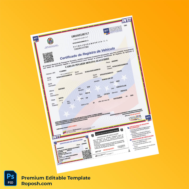 Customizable Venezuela National Institute of Land Transport Vehicle Registration Certificate Editable Word & PDF Template 2 page Customizable Venezuela National Institute of Land Transport Vehicle Registration Certificate Editable Word & PDF Template 2 page