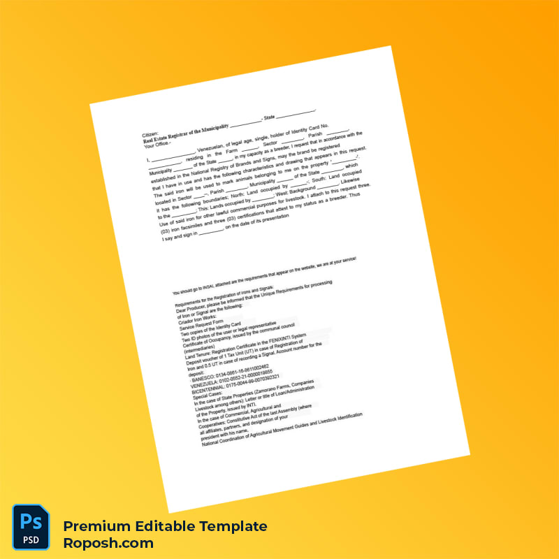 Customizable Venezuela Real Estate Registrar Livestock Registration Document Editable Word & PDF Template 2 page Customizable Venezuela Real Estate Registrar Livestock Registration Document Editable Word & PDF Template 2 page