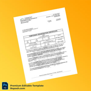 Customizable Vermont Department of Motor Vehicles Temporary Registration Certificate Editable Word & PDF Template 2 page
