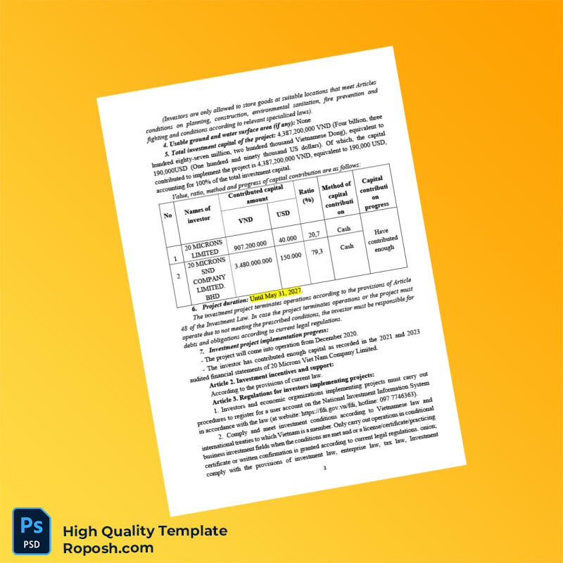 Vietnam Hanoi Department of Planning and Investment Investment Registration Certificate Template in Word and PDF formats 4 page Vietnam Hanoi Department of Planning and Investment Investment Registration Certificate Template in Word and PDF formats 4 page