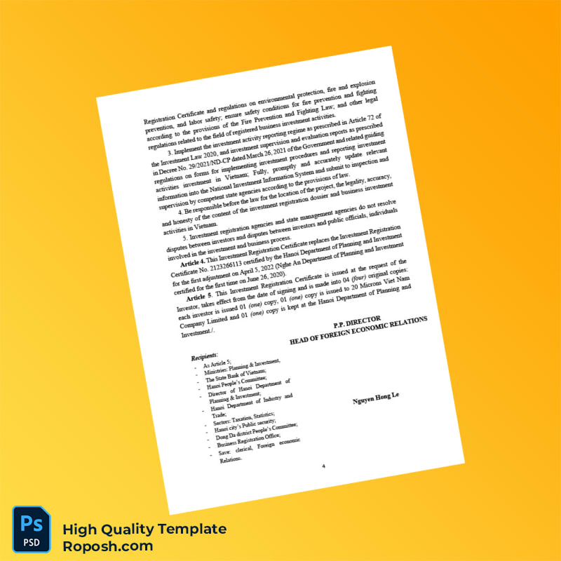 Vietnam Hanoi Department of Planning and Investment Investment Registration Certificate Template in Word and PDF formats 4 page Vietnam Hanoi Department of Planning and Investment Investment Registration Certificate Template in Word and PDF formats 4 page