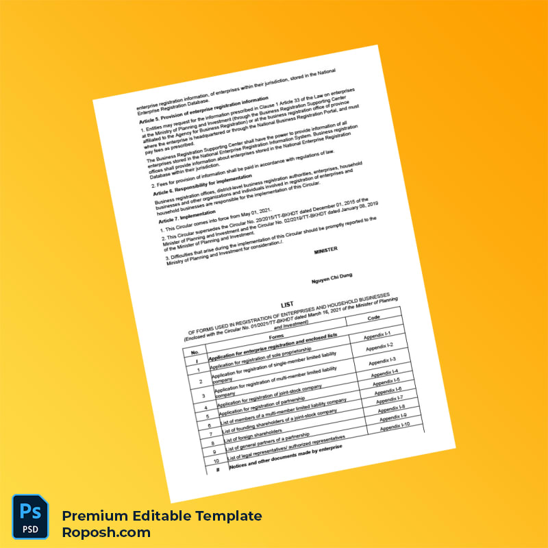 Customizable Vietnam Ministry of Planning and Investment Enterprise Registration Circular Editable Word & PDF Template 6 page Customizable Vietnam Ministry of Planning and Investment Enterprise Registration Circular Editable Word & PDF Template 6 page