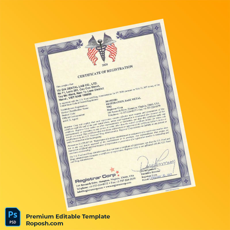 Customizable Vietnam Registrar Corp Certificate of Registration Editable Word & PDF Template Customizable Vietnam Registrar Corp Certificate of Registration Editable Word & PDF Template
