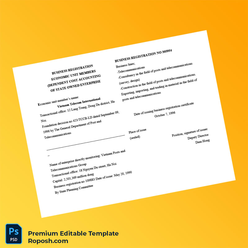 Customizable Vietnam State Planning Committee Business Registration Certificate Editable Word & PDF Template Customizable Vietnam State Planning Committee Business Registration Certificate Editable Word & PDF Template