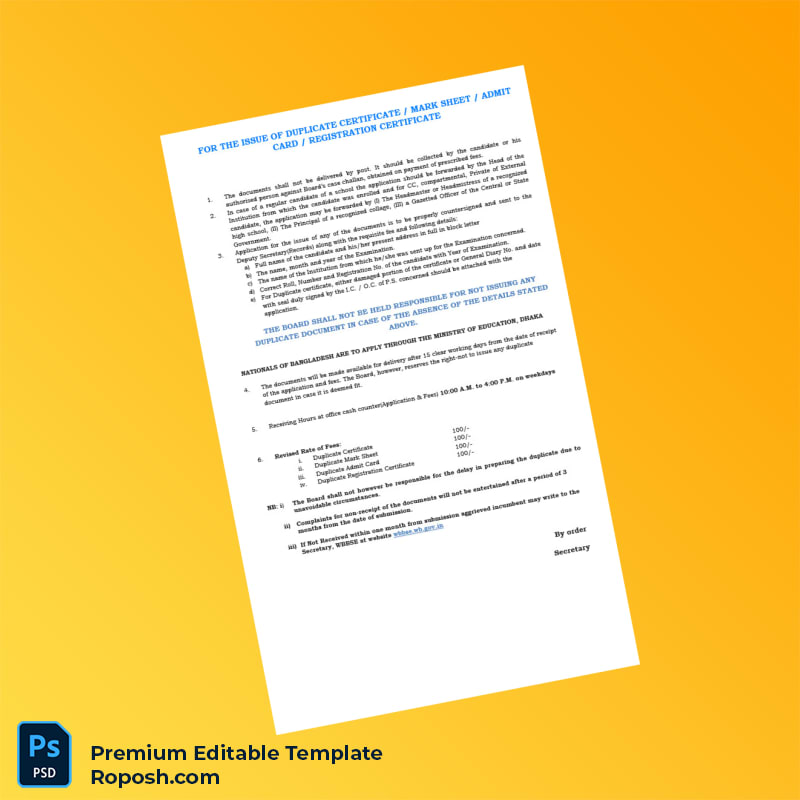 Customizable West Bengal Board of Secondary Education Duplicate Registration Certificate Application Form Editable Word & PDF Template 2 page Customizable West Bengal Board of Secondary Education Duplicate Registration Certificate Application Form Editable Word & PDF Template 2 page