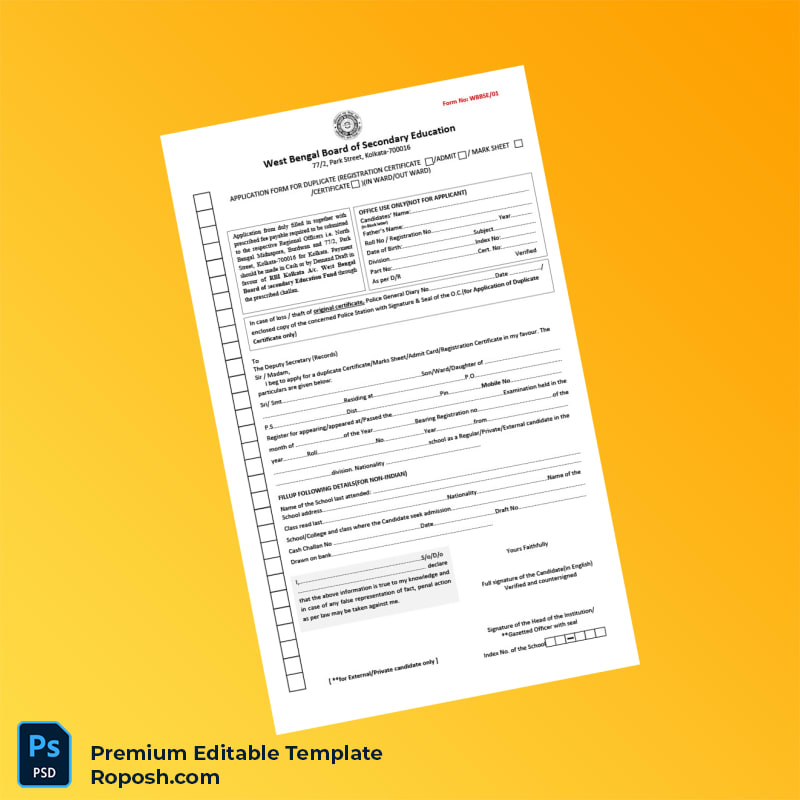Customizable West Bengal Board of Secondary Education Duplicate Registration Certificate Application Form Editable Word & PDF Template 2 page Customizable West Bengal Board of Secondary Education Duplicate Registration Certificate Application Form Editable Word & PDF Template 2 page