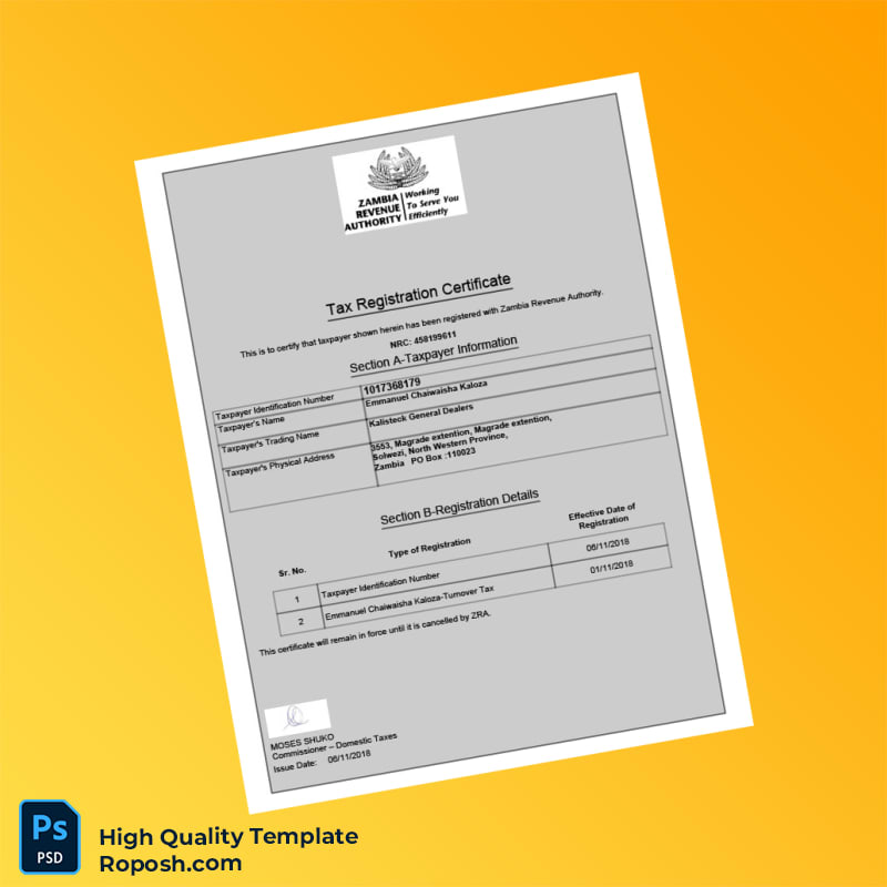 Zambia Revenue Authority Tax Registration Certificate Template in Word and PDF formats Zambia Revenue Authority Tax Registration Certificate Template in Word and PDF formats