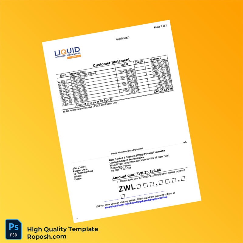 Zimbabwe Liquid Intelligent Technologies Fiscal Tax Invoice Template in Word and PDF formats 2 page Zimbabwe Liquid Intelligent Technologies Fiscal Tax Invoice Template in Word and PDF formats 2 page