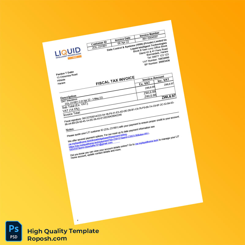 Zimbabwe Liquid Intelligent Technologies Fiscal Tax Invoice Template in Word and PDF formats 2 page Zimbabwe Liquid Intelligent Technologies Fiscal Tax Invoice Template in Word and PDF formats 2 page