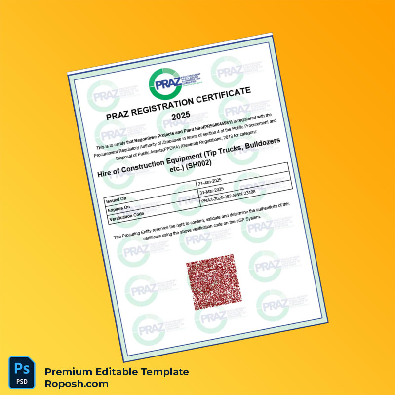 Customizable Zimbabwe Procurement Regulatory Authority Registration Certificate Editable Word & PDF Template Customizable Zimbabwe Procurement Regulatory Authority Registration Certificate Editable Word & PDF Template