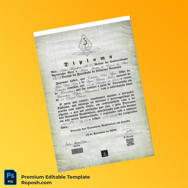 Editable Angola Universidade Agostinho Neto Bachelor of Science in Mathematics Diploma (Fast Edit) 2 Page Editable Angola Universidade Agostinho Neto Bachelor of Science in Mathematics Diploma (Fast Edit) 2 Page