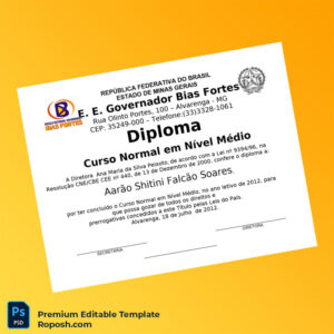 Editable Brazil Aarao Shitini Falcão Soares High School Diploma Template (Fast Edit) 2 Page Editable Brazil Aarao Shitini Falcão Soares High School Diploma Template (Fast Edit) 2 Page