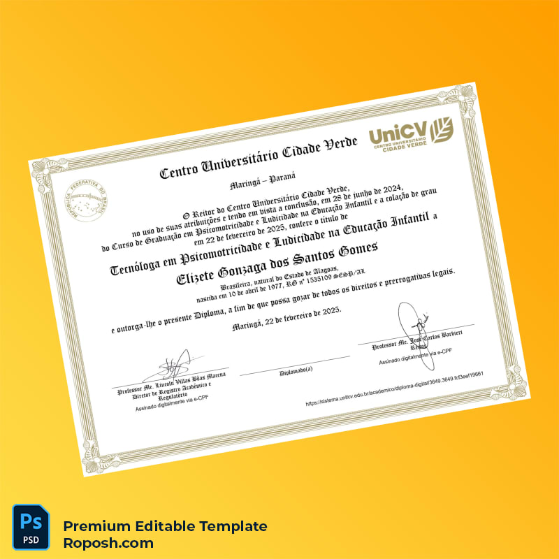 Editable Brazil Centro Universitário Cidade Verde Technologist Diploma (Instant Download) 2 Page Editable Brazil Centro Universitário Cidade Verde Technologist Diploma (Instant Download) 2 Page