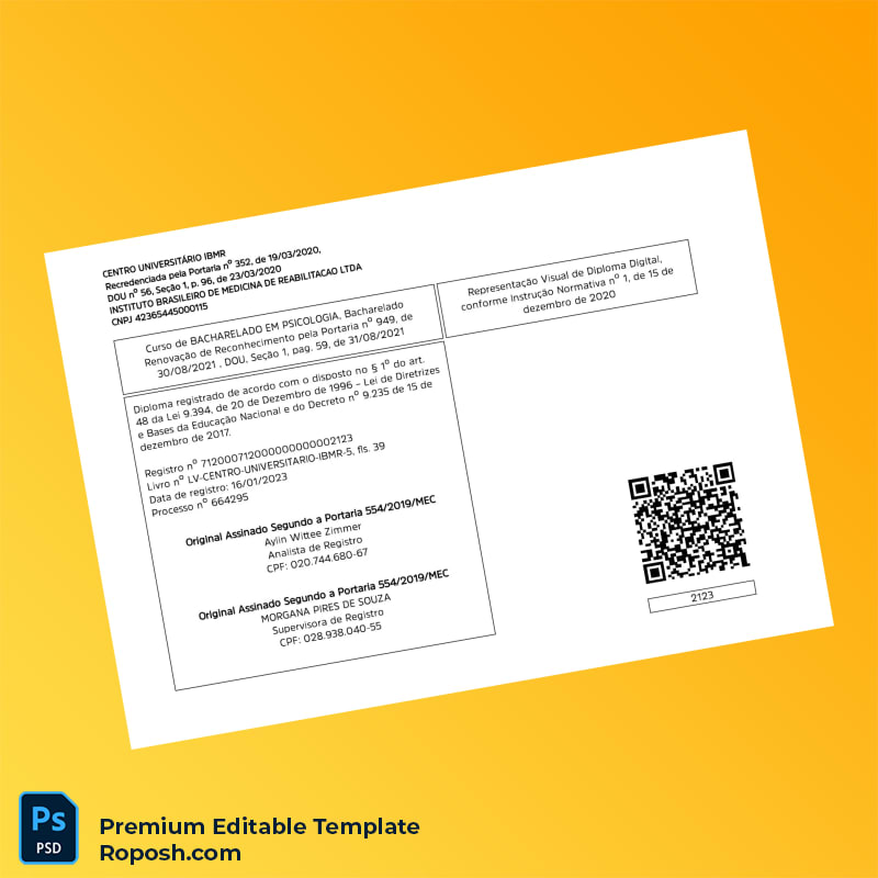 Editable Brazil Centro Universitário IBMR Bachelor of Psychology Degree Template (Fast Edit) 2 Page Editable Brazil Centro Universitário IBMR Bachelor of Psychology Degree Template (Fast Edit) 2 Page