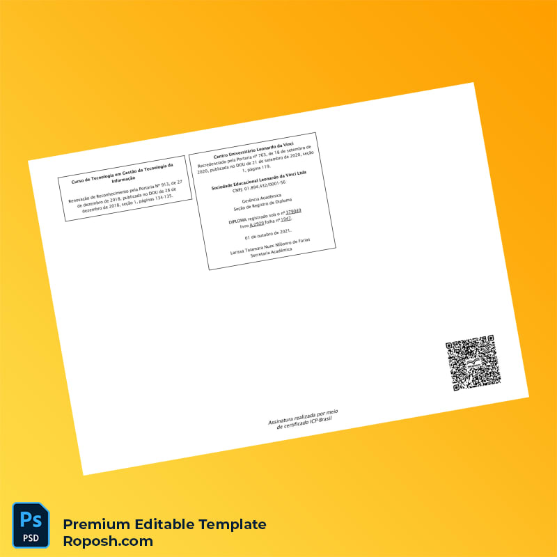 Editable Brazil Centro Universitário Leonardo da Vinci Technology Management Diploma – Instant Download 2 Page Editable Brazil Centro Universitário Leonardo da Vinci Technology Management Diploma – Instant Download 2 Page