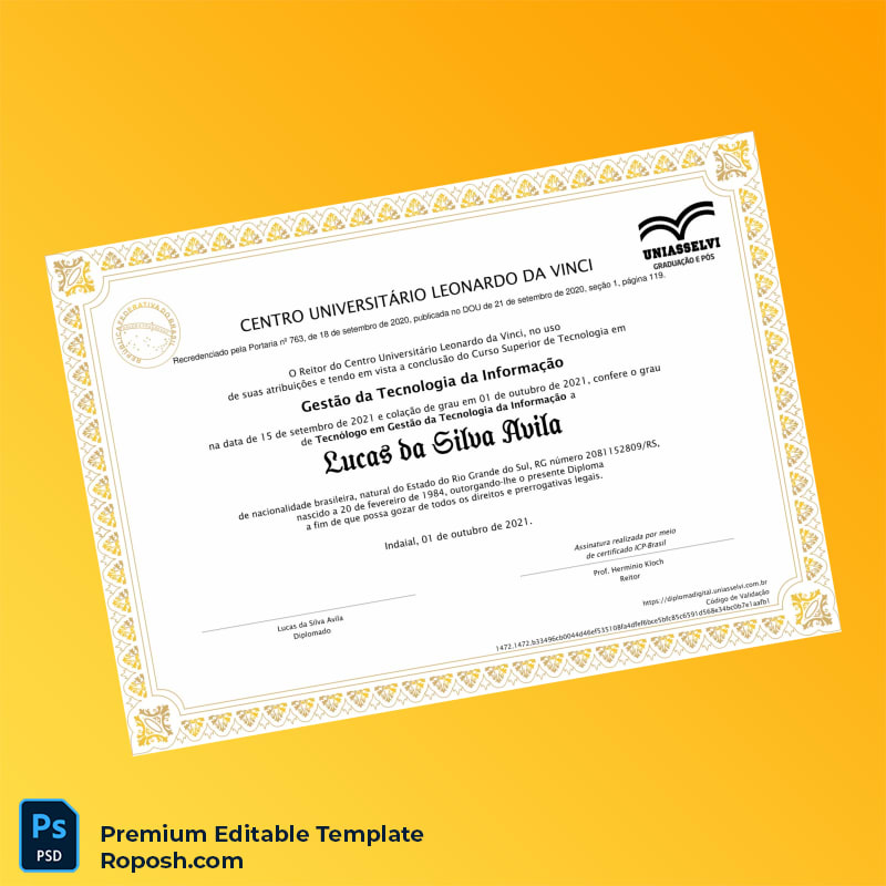 Editable Brazil Centro Universitário Leonardo da Vinci Technology Management Diploma – Instant Download 2 Page Editable Brazil Centro Universitário Leonardo da Vinci Technology Management Diploma – Instant Download 2 Page