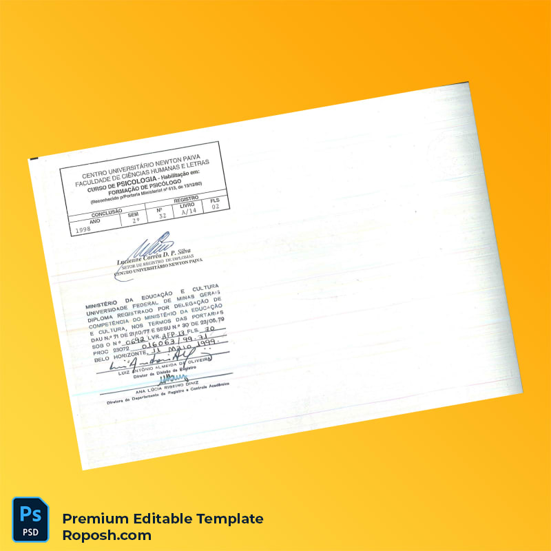 Editable Brazil Centro Universitário Newton Paiva Bachelor of Psychology Diploma Template – Fast Edit 2 Page Editable Brazil Centro Universitário Newton Paiva Bachelor of Psychology Diploma Template – Fast Edit 2 Page