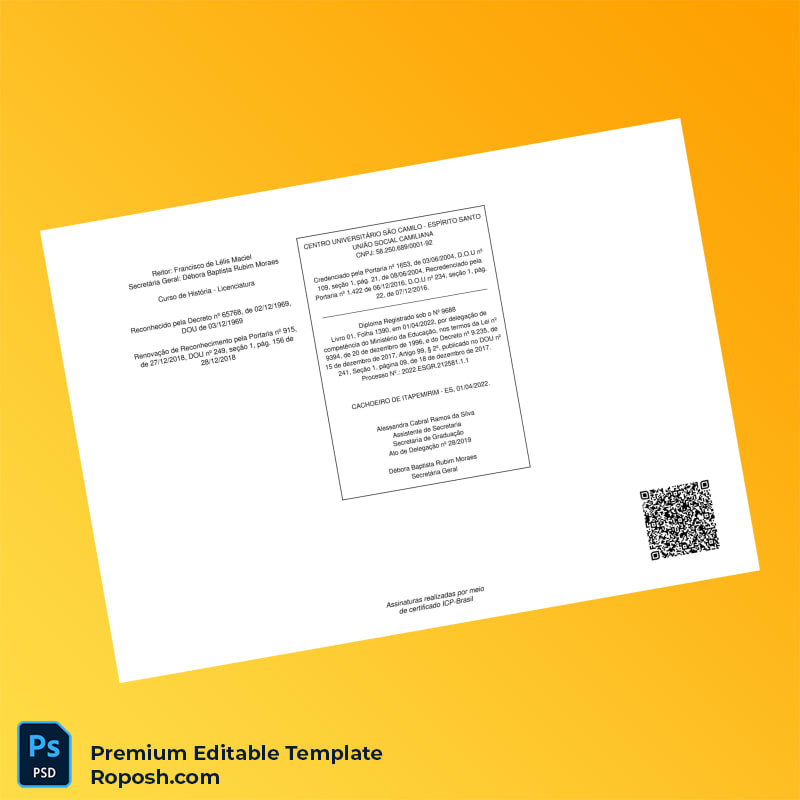 Editable Diploma Template – Brazil Centro Universitário São Camilo Bachelor of History Diploma (Fast Edit) 2 Page Editable Diploma Template – Brazil Centro Universitário São Camilo Bachelor of History Diploma (Fast Edit) 2 Page