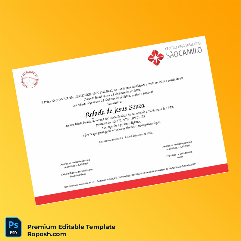 Editable Diploma Template – Brazil Centro Universitário São Camilo Bachelor of History Diploma (Fast Edit) 2 Page Editable Diploma Template – Brazil Centro Universitário São Camilo Bachelor of History Diploma (Fast Edit) 2 Page