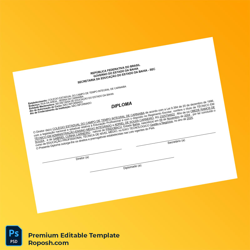 Editable Brazil College Estadual do Campo de Tempo Integral de Carnabai Technical Diploma in Business Administration – Fast Edit 3 Page Editable Brazil College Estadual do Campo de Tempo Integral de Carnabai Technical Diploma in Business Administration – Fast Edit 3 Page