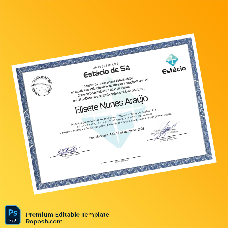 Editable Brazil Estácio de Sá University Doctorate in Family Health Certificate (Fast Edit) 2 Page Editable Brazil Estácio de Sá University Doctorate in Family Health Certificate (Fast Edit) 2 Page