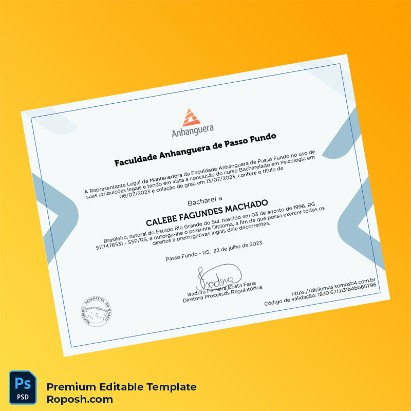 Editable Brazil Faculdade Anhanguera de Passo Fundo Bachelor of Science in Psychology Template (Fast Edit) 2 Page Editable Brazil Faculdade Anhanguera de Passo Fundo Bachelor of Science in Psychology Template (Fast Edit) 2 Page