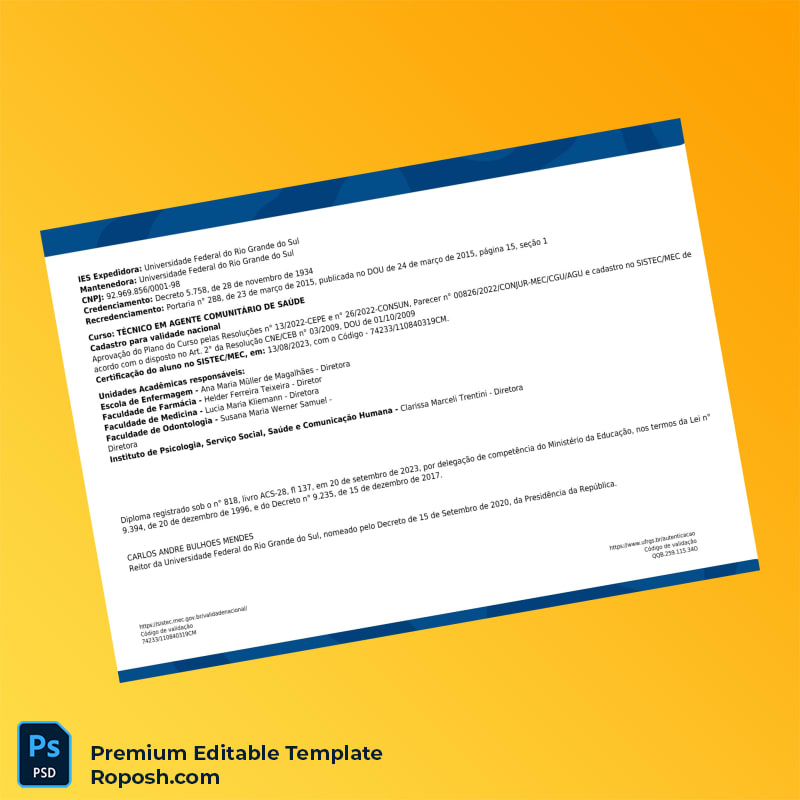 Editable Brazil Federal University of Rio Grande do Sul Técnico em Agente Comunitário de Saúde Diploma (Fast Edit) 2 Page Editable Brazil Federal University of Rio Grande do Sul Técnico em Agente Comunitário de Saúde Diploma (Fast Edit) 2 Page