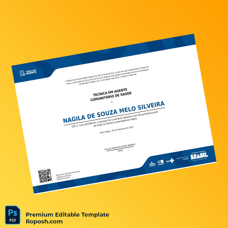 Editable Brazil Federal University of Rio Grande do Sul Técnico em Agente Comunitário de Saúde Diploma (Fast Edit) 2 Page Editable Brazil Federal University of Rio Grande do Sul Técnico em Agente Comunitário de Saúde Diploma (Fast Edit) 2 Page