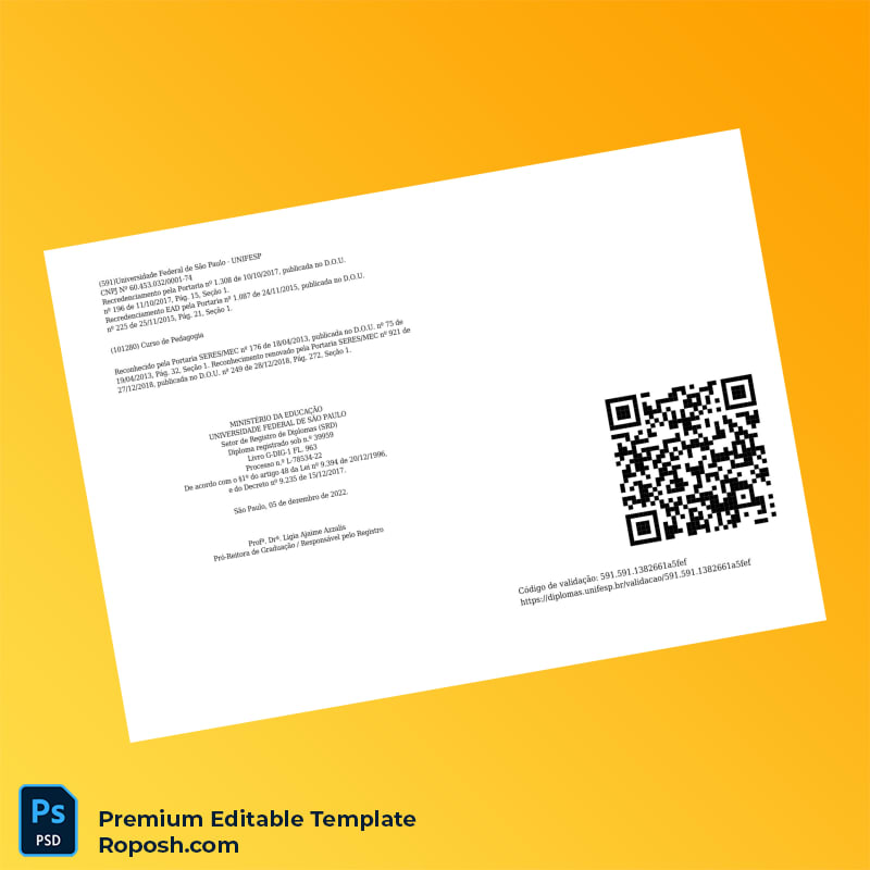 Editable Brazil Federal University of São Paulo Licentiate in Pedagogy Diploma – Fast Edit 2 Page Editable Brazil Federal University of São Paulo Licentiate in Pedagogy Diploma – Fast Edit 2 Page