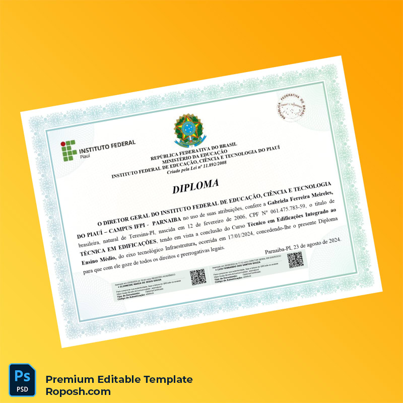 Editable Brazil Instituto Federal Civil Engineering Diploma Template (Fast Edit) 2 Page Editable Brazil Instituto Federal Civil Engineering Diploma Template (Fast Edit) 2 Page