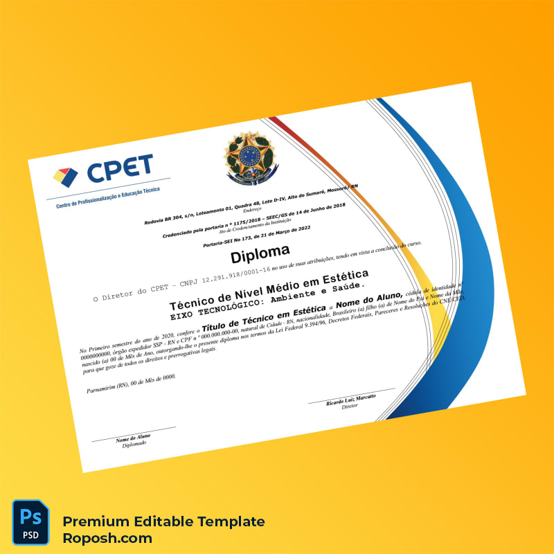 Editable Brazil Instituto (Unnamed) Diploma in Aesthetics Template – Instant Download 2 Page Editable Brazil Instituto (Unnamed) Diploma in Aesthetics Template – Instant Download 2 Page