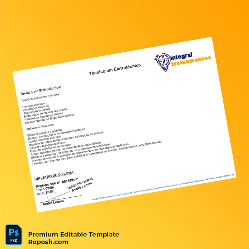 Editable Brazil Integral Treinamentos Technical Diploma in Electrotechnics Template (Fast Edit) 2 Page Editable Brazil Integral Treinamentos Technical Diploma in Electrotechnics Template (Fast Edit) 2 Page