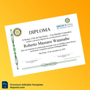 Editable Diploma Template – Brazil Rotary Club Vila Matilde Diploma (Fast Edit) Editable Diploma Template – Brazil Rotary Club Vila Matilde Diploma (Fast Edit)