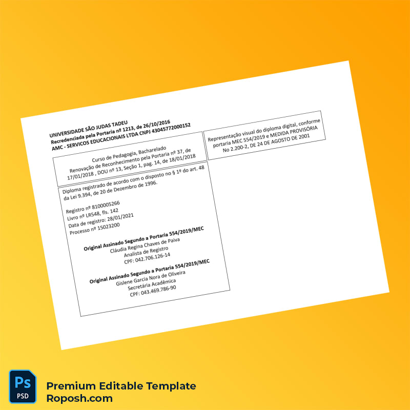 Editable Diploma Template – Brazil São Judas Tadeu University Bachelor of Pedagogy Template (Fast Edit) 2 Page Editable Diploma Template – Brazil São Judas Tadeu University Bachelor of Pedagogy Template (Fast Edit) 2 Page