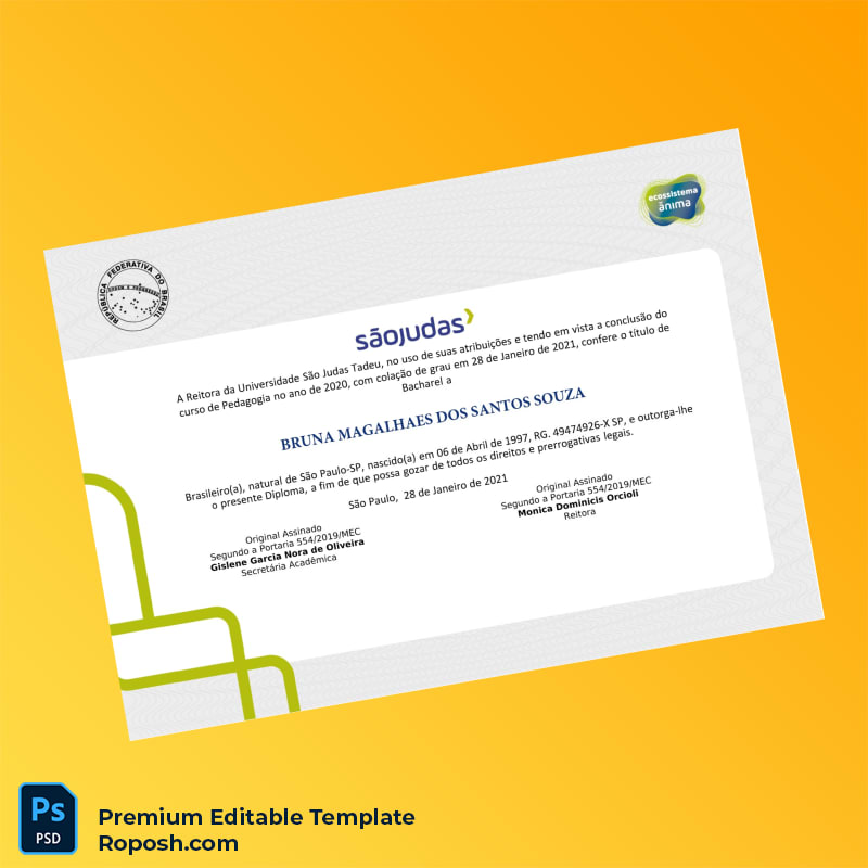 Editable Diploma Template – Brazil São Judas Tadeu University Bachelor of Pedagogy Template (Fast Edit) 2 Page Editable Diploma Template – Brazil São Judas Tadeu University Bachelor of Pedagogy Template (Fast Edit) 2 Page