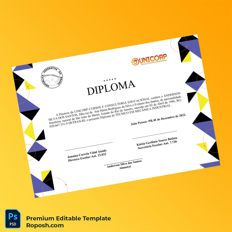 Printable Brazil UNICORP CURSOS E CONSULTORIA EDUCACIONAL Diploma in Industrial Mechanics Template (Fast Edit) 3 Page Printable Brazil UNICORP CURSOS E CONSULTORIA EDUCACIONAL Diploma in Industrial Mechanics Template (Fast Edit) 3 Page