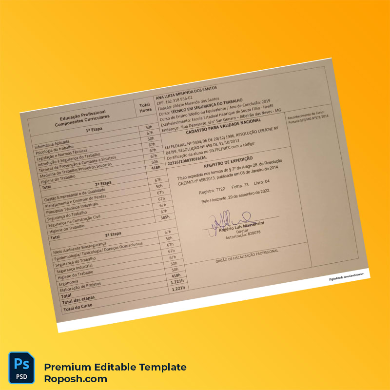 Editable Brazil UTRAMIG Technical Diploma in Occupational Safety – High Quality 2 Page Editable Brazil UTRAMIG Technical Diploma in Occupational Safety – High Quality 2 Page