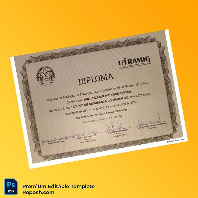 Editable Brazil UTRAMIG Technical Diploma in Occupational Safety – High Quality 2 Page Editable Brazil UTRAMIG Technical Diploma in Occupational Safety – High Quality 2 Page