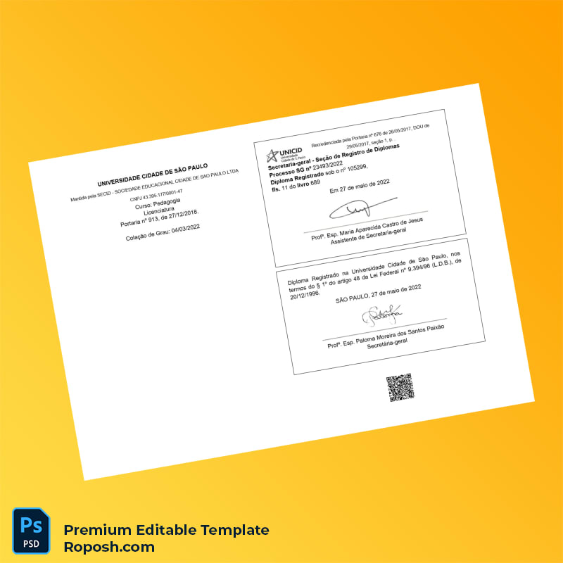 Editable Brazil Universidade Cidade de São Paulo Bachelor of Education in Pedagogy Template (Instant Download) 2 Page Editable Brazil Universidade Cidade de São Paulo Bachelor of Education in Pedagogy Template (Instant Download) 2 Page