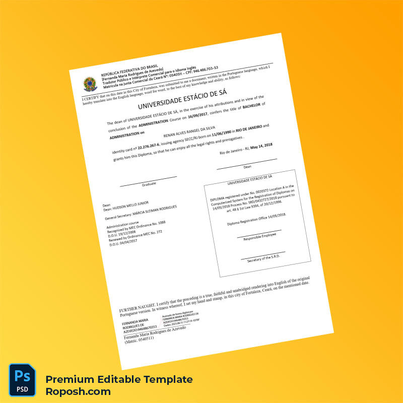 Editable Diploma Template Brazil Universidade Estácio de Sá Bachelor of Administration (Fast Edit) Editable Diploma Template Brazil Universidade Estácio de Sá Bachelor of Administration (Fast Edit)