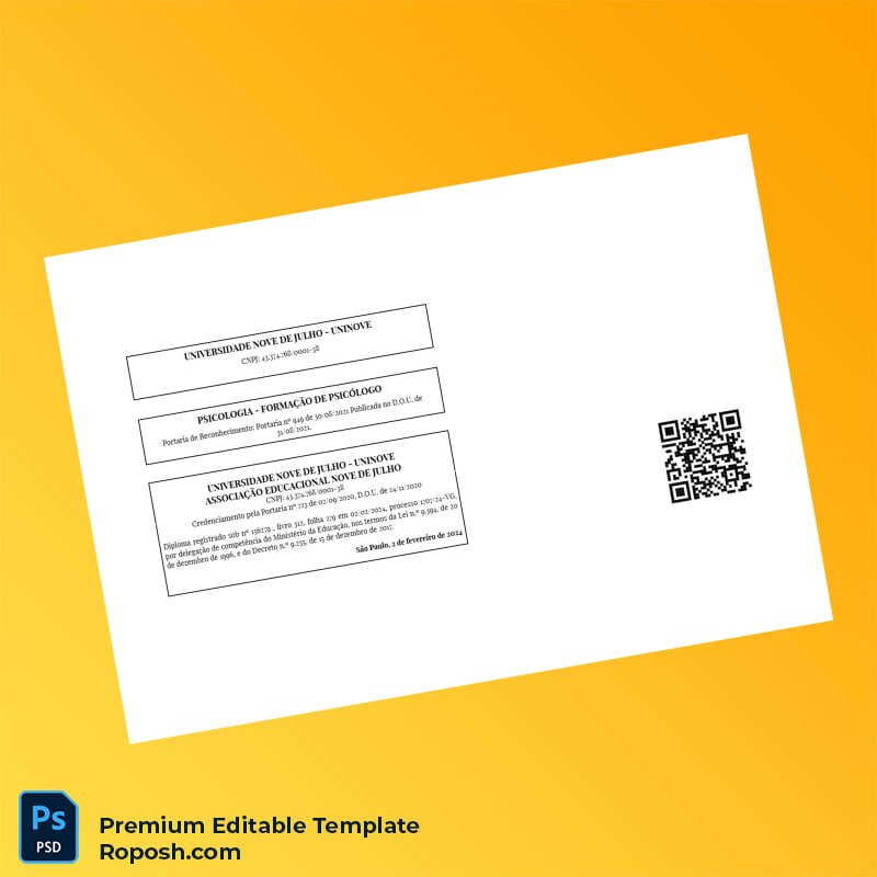 Editable Brazil Universidade Nove de Julho Bachelor of Psychology Template (Instant Download) 2 Page Editable Brazil Universidade Nove de Julho Bachelor of Psychology Template (Instant Download) 2 Page