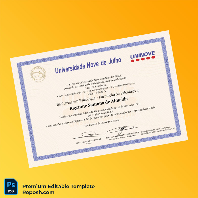 Editable Brazil Universidade Nove de Julho Bachelor of Psychology Template (Instant Download) 2 Page Editable Brazil Universidade Nove de Julho Bachelor of Psychology Template (Instant Download) 2 Page