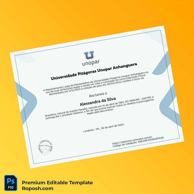 Editable Brazil Universidade Pitágoras Unopar Anhanguera Bachelor of Physical Education Diploma (Fast Edit) 2 Page Editable Brazil Universidade Pitágoras Unopar Anhanguera Bachelor of Physical Education Diploma (Fast Edit) 2 Page