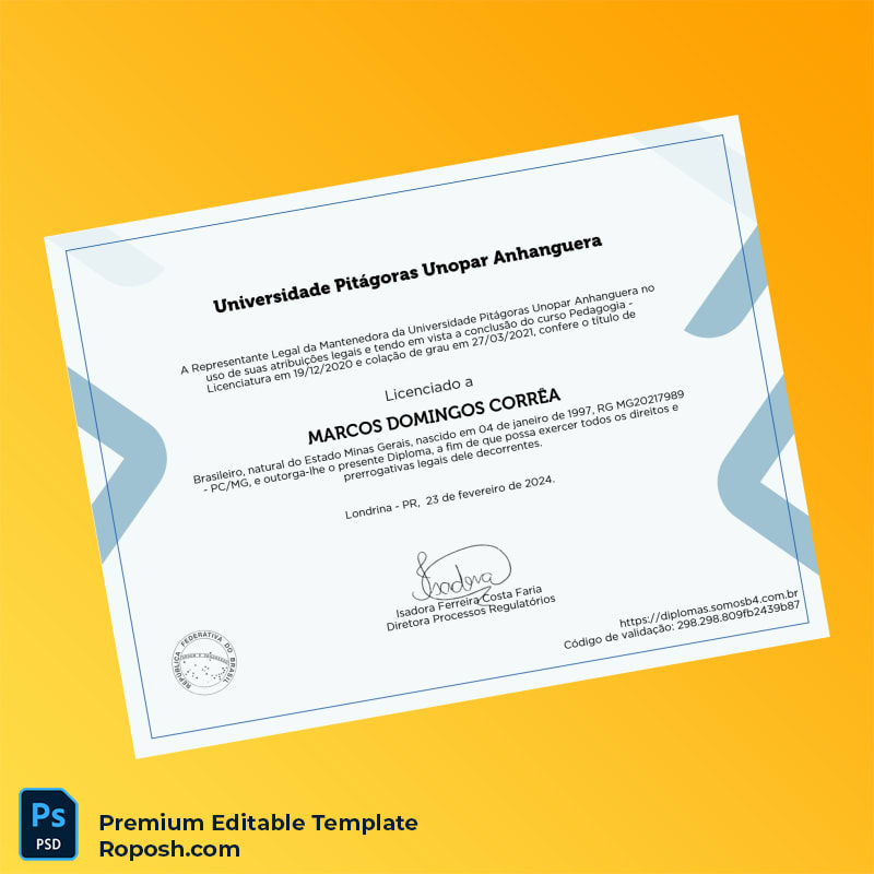 Editable Brazil Universidade Pitágoras Unopar Bachelor of Education Degree Certificate (Fast Edit) 2 Page Editable Brazil Universidade Pitágoras Unopar Bachelor of Education Degree Certificate (Fast Edit) 2 Page